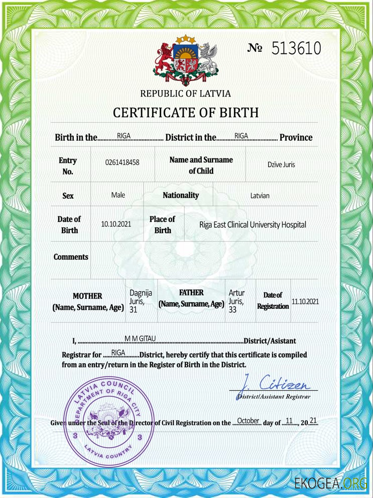 Modèle PSD de certificat de naissance de l'état civil de Lettonie
